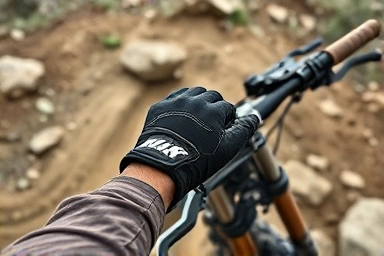 Rider's hand on enduro bike handlebar with handguard, off-road terrain.