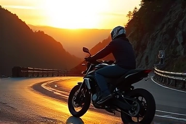 Motorcyclist downshifting on a wet mountain road