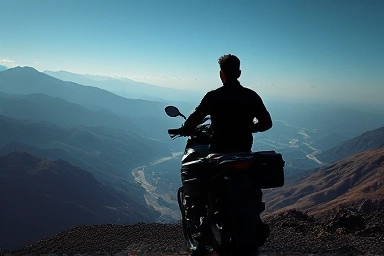 Motorcycle adventurer gazing at expansive horizon during a journey.