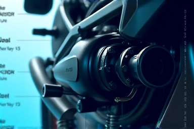 Motorcycle engine detail, sensors, catalytic converter, precision engineering.