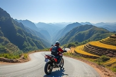 Motorcyclist on rugged Ha Giang loop mountain road, epic vistas