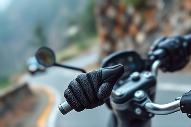 Motorcyclist's hands gripping handlebars on challenging Ha Giang road