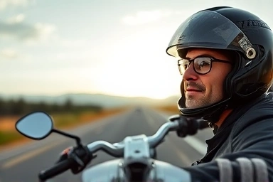 Motorcyclist enjoying a quiet ride on a scenic highway.