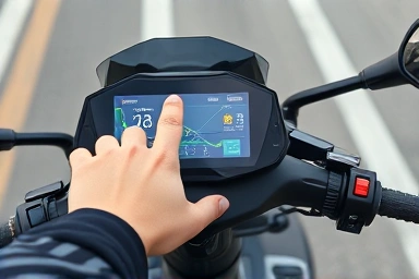 Rider using intuitive digital dashboard on electric scooter.