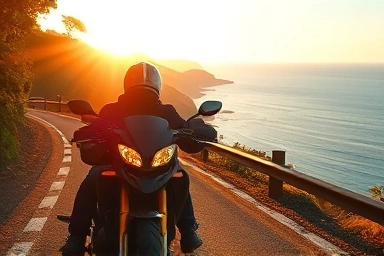Motorcycle rider on scenic Japanese coastal road at sunset
