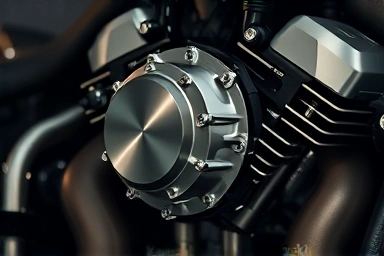 Polished Kawasaki supercharger engine detail, precision mechanics