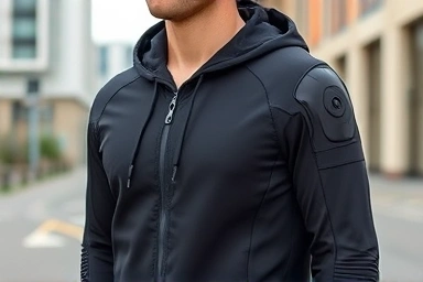 Close-up of breathable riding hoodie with CE protectors