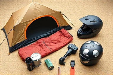 Essential motorcycle camping gear laid out neatly for packing