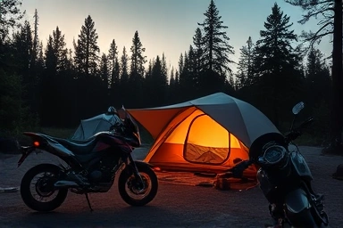 Peaceful motorcycle campsite at dusk, free from bugs.