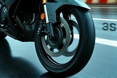 Motorcycle front wheel ABS braking in wet conditions.