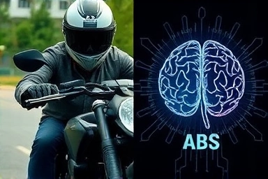 Motorcyclist using ABS brake lever and abstract ABS system illustration.