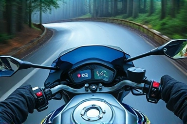 Motorcycle rider safely navigating wet road with ABS TCS