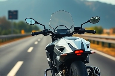 Modern motorcycle with radar sensors on a highway.