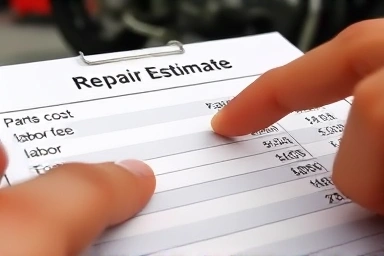 Close-up of a motorcycle repair estimate, highlighting cost and labor details.