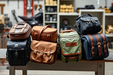 Various types of motorcycle luggage displayed neatly
