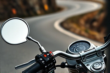Motorcycle handlebars with bar-end mirrors reflecting a road