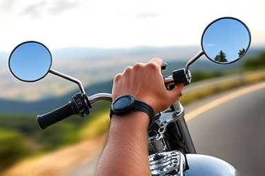 Rider's hands on motorcycle handlebars with bar-end mirrors