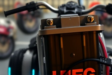 Motorcycle battery with glowing energy, technical detail.