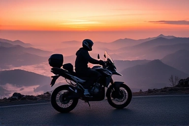 Motorcycle bikepacking adventure at sunrise, scenic mountain view