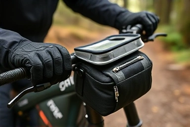 Hands adjusting motorcycle handlebar bag, bikepacking gear detail