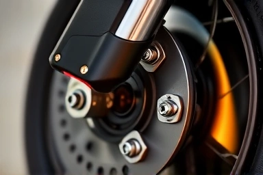 Motorcycle brake caliper system, showcasing fluid lines and performance.
