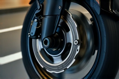 Motorcycle brake pad and disc in action, high performance