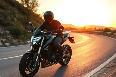 Motorcyclist riding a new bike on a scenic road at sunset.