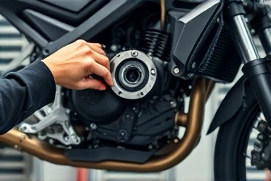 Mechanic's hands inspecting a motorcycle engine component in a workshop.