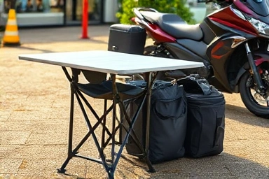 Compact motorcycle camping chair and table set in carrying bag.