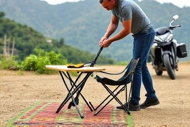 Easy setup of lightweight camping chair and table for motorcycle touring.