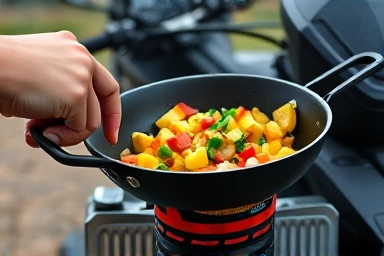 Easy one-pan meal cooking during motorcycle camping.