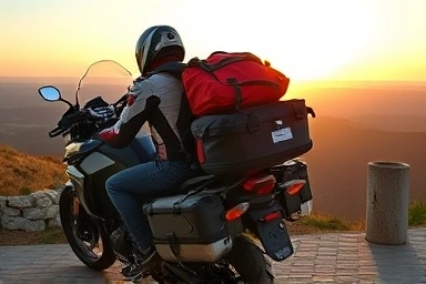 Motorcycle rider packing camping gear for balanced weight.