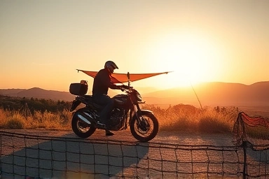 Motorcyclist setting up a tarp in nature at sunset.