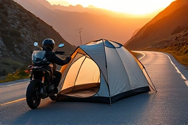 Motorcycle camper setting up tent on scenic mountain road.