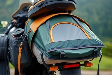 Compact motorcycle camping gear packed on a bike.