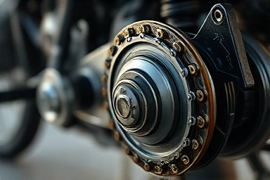 Motorcycle chain and sprockets, intricate metal drivetrain components
