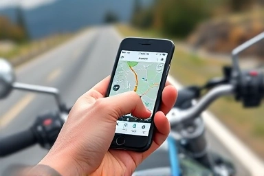 Rider using smartphone app for motorcycle connectivity