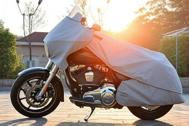 Motorcycle protected by a durable cover outdoors.