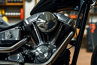 Custom motorcycle engine with chrome details in workshop.
