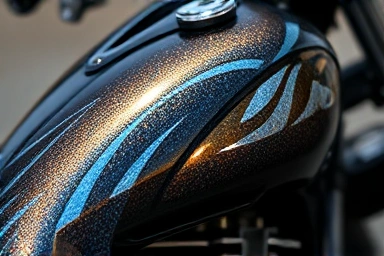 Motorcycle custom paint detail, metallic flakes, glossy finish.