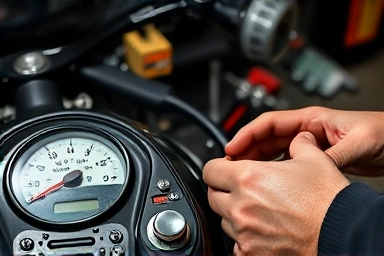 Mechanic fixing motorcycle dashboard electrical issue