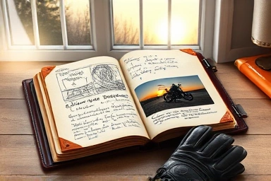 Motorcycle diary with sketches, notes, and photos on a sunlit table.