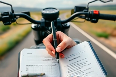 Hand writing in a motorcycle journal with a scenic road in the background.