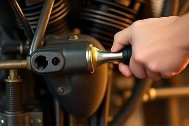 Mechanic's hands using a socket wrench on motorcycle engine.