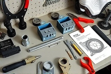 Organized workbench with essential motorcycle DIY tools and manual.