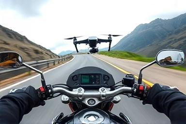 Motorcycle action cam view of rider in mountains, drone in background