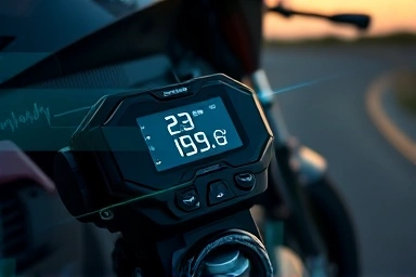 Motorcycle ECU with glowing data streams symbolizing performance.