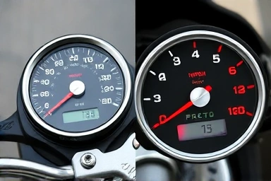 Split image: standard vs. enhanced motorcycle speedometer.