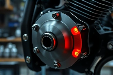 Motorcycle engine internal gears with a warning glow.