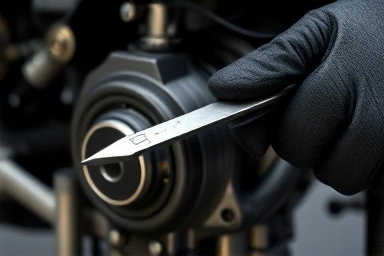 Mechanic inspecting motorcycle engine for subtle wear.